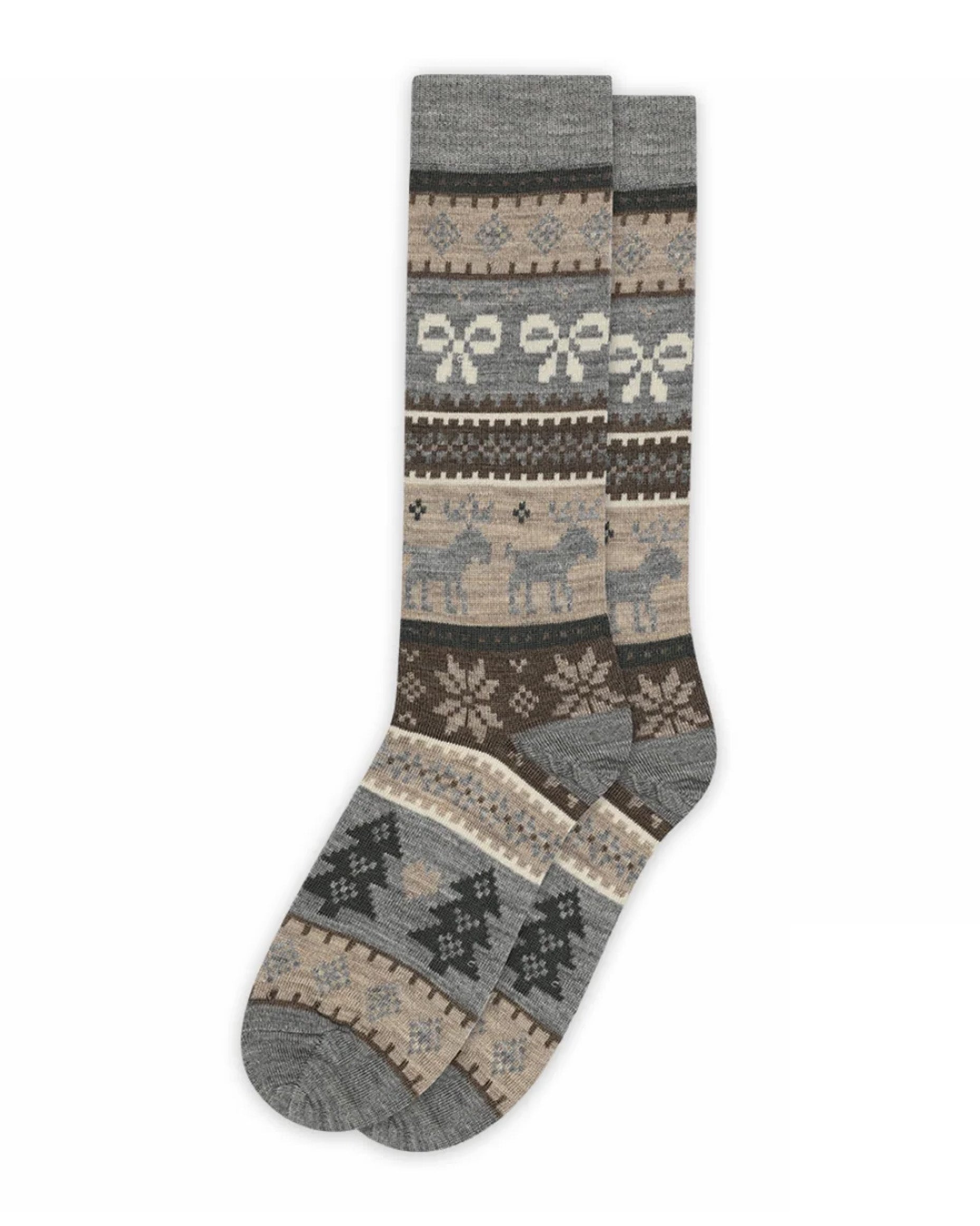 Knee-high socks with a Christmas fairisle style pattern of reindeers, snowflakes, bows, Xmas trees, hearts and diamonds.