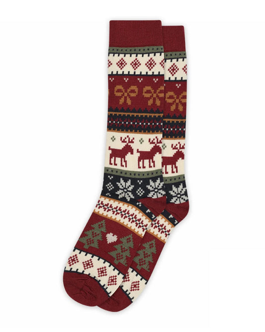 Knee-high socks with a Christmas fairisle style pattern of reindeers, snowflakes, bows, Xmas trees, hearts and diamonds.