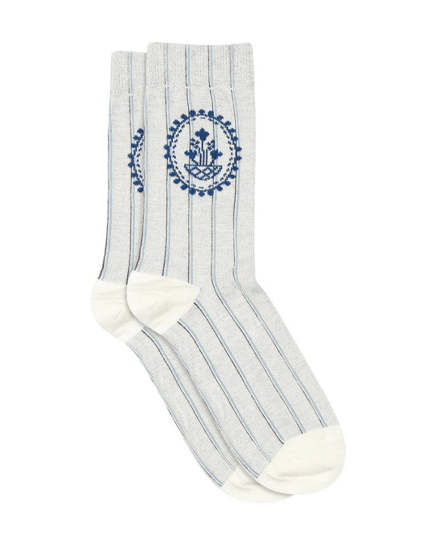 MP Denmark Kamille Sock - Soft bamboo mixed crew length ankle socks with a two-toned pinstripe pattern and potted plant style motif.
