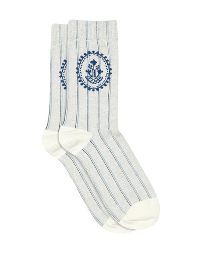 MP Denmark Kamille Sock - Soft bamboo mixed crew length ankle socks with a two-toned pinstripe pattern and potted plant style motif.