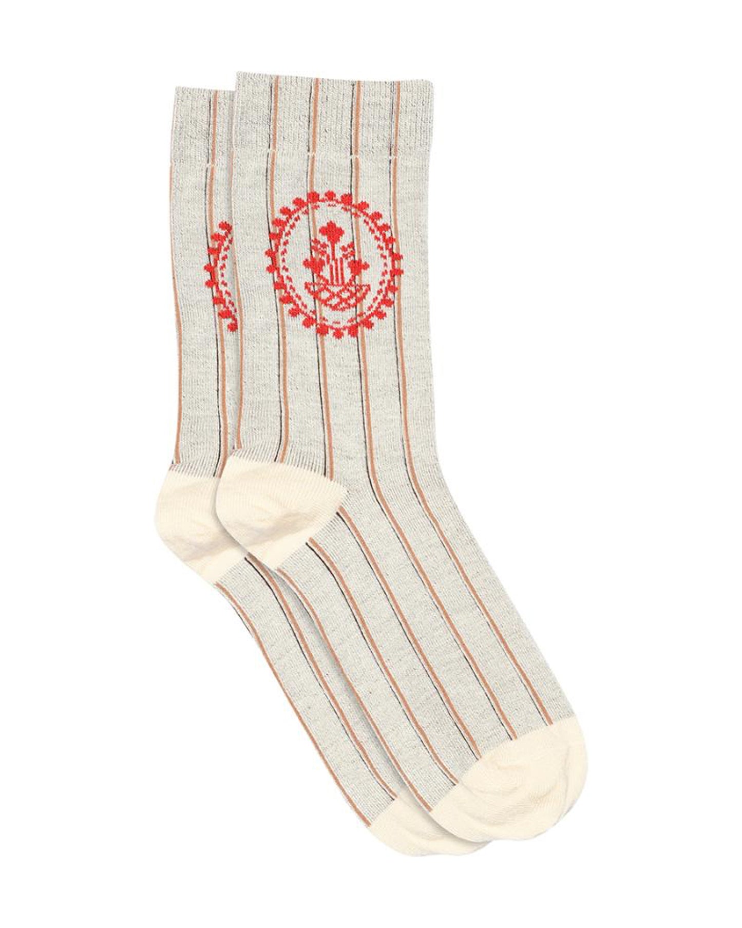 MP Denmark Kamille Sock - Soft bamboo mixed crew length ankle socks with a two-toned pinstripe pattern and potted plant style motif.