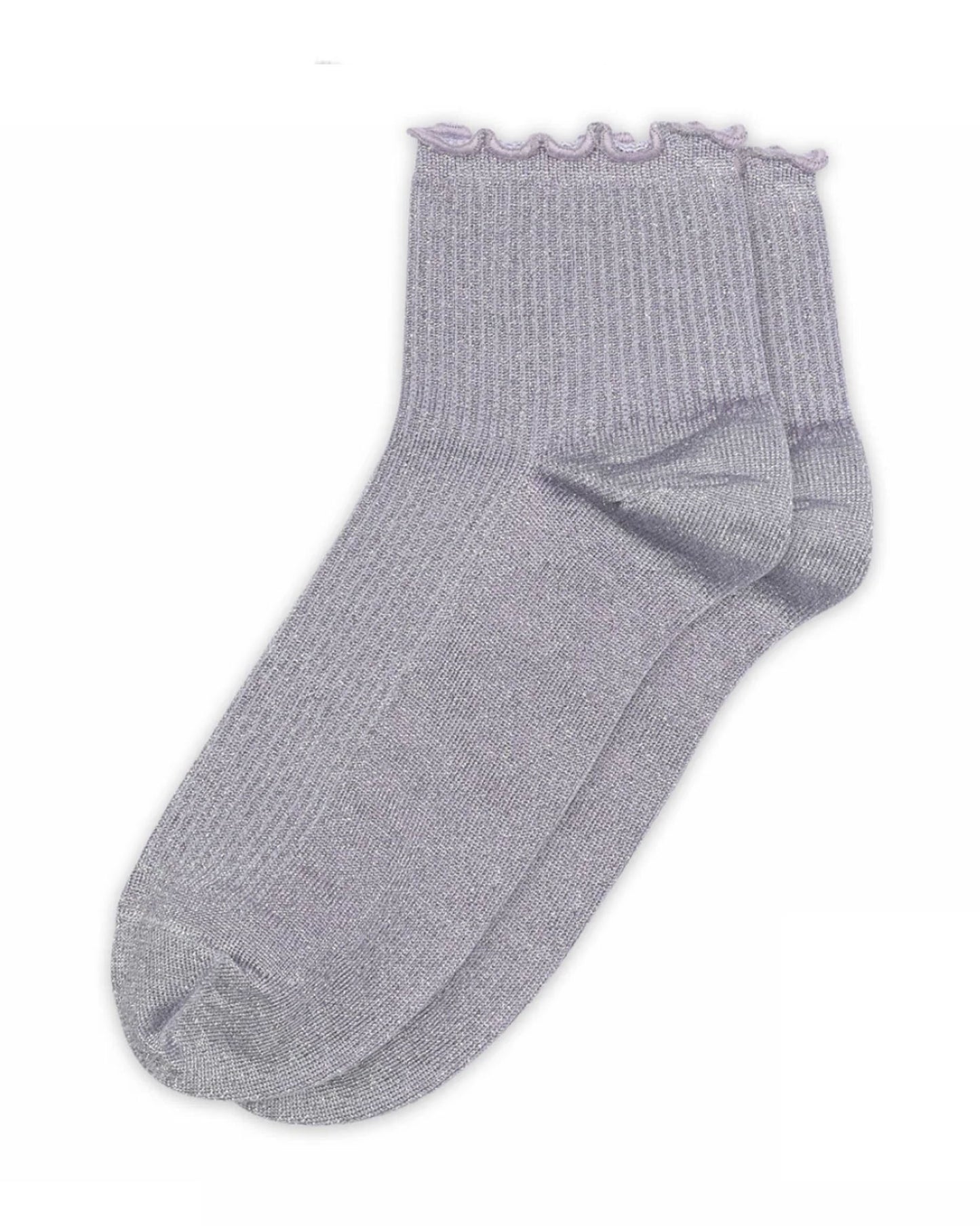 Lilac and silver sock with frill trim on a white background