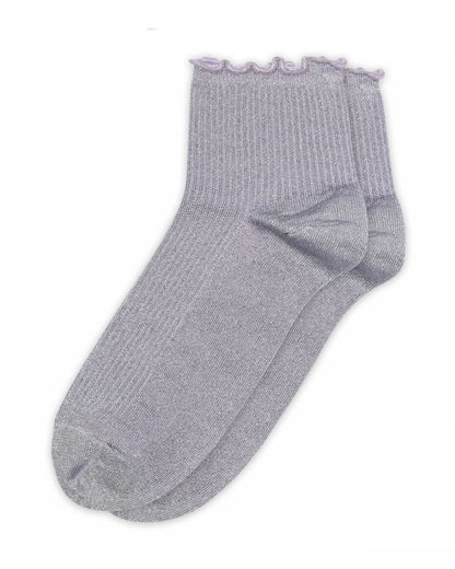 Lilac and silver sock with frill trim on a white background