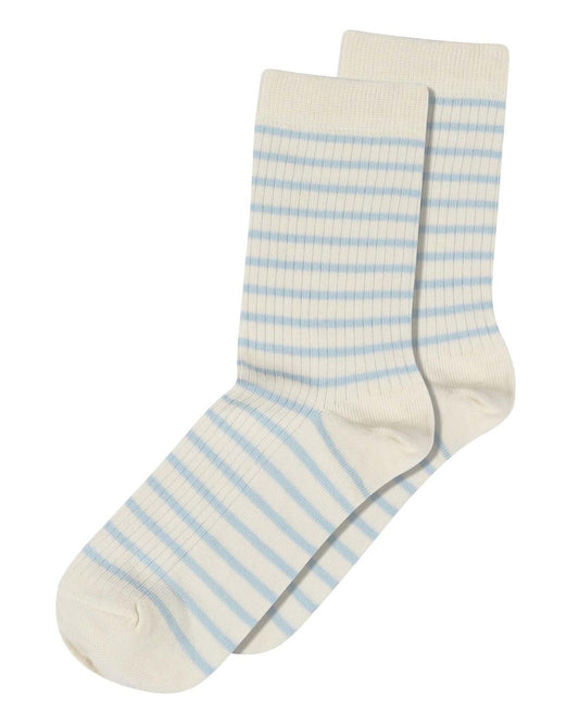 MP Denmark 77715 Lydia Sock - Cream crew length ribbed cotton ankle socks with a thin light blue horizontal stripe pattern.