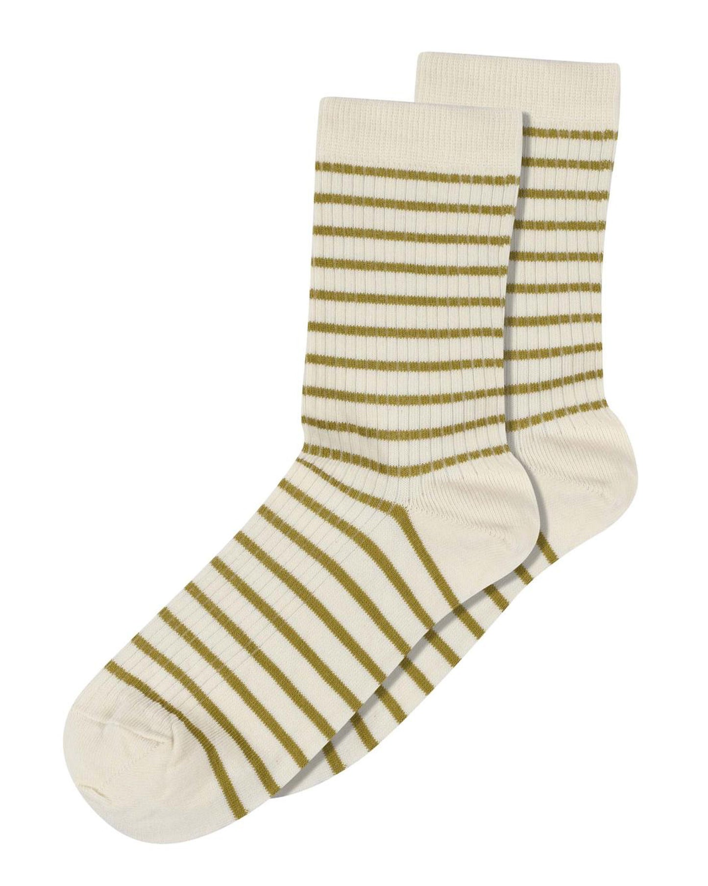 MP Denmark 77715 Lydia Sock - Cream crew length ribbed cotton ankle socks with a thin khaki green horizontal stripe pattern.