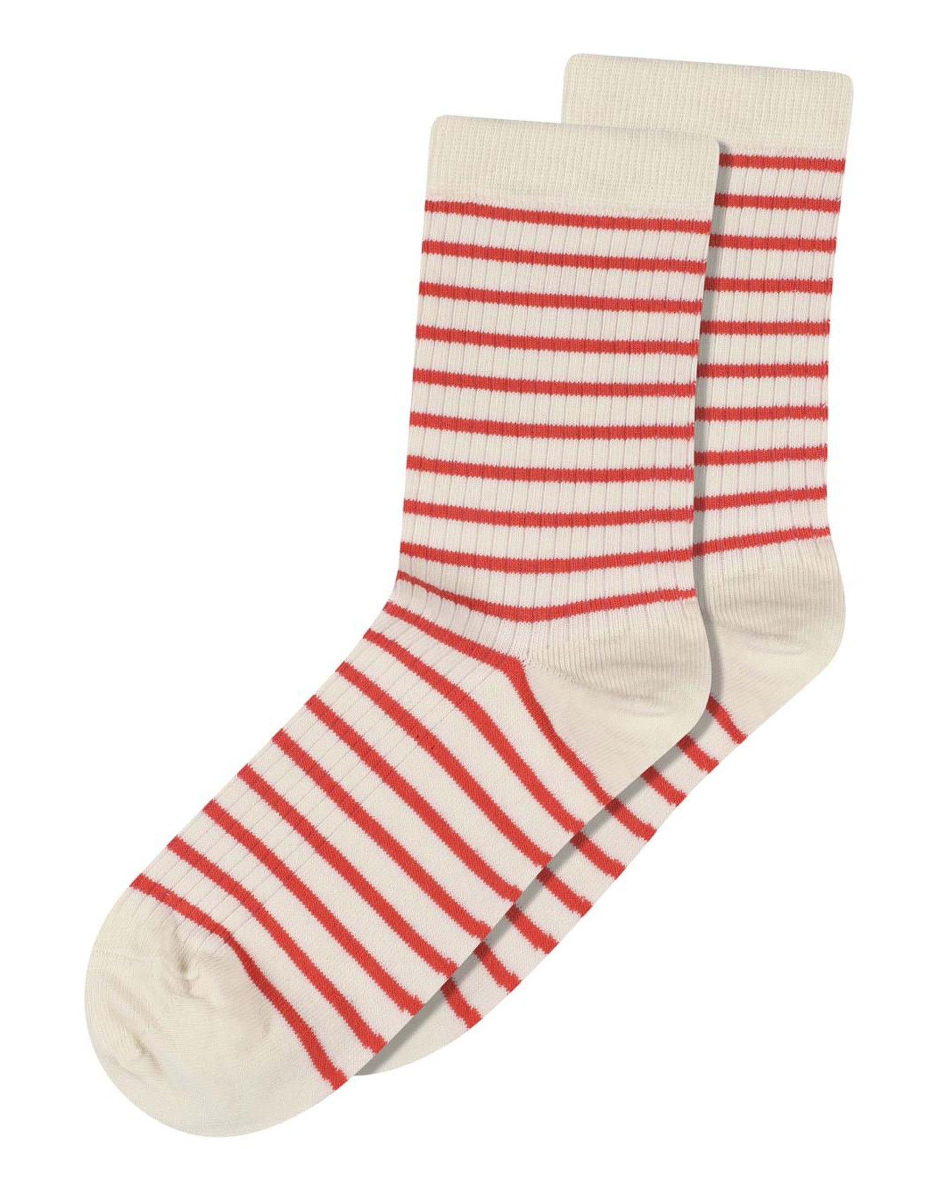 MP Denmark 77715 Lydia Sock - Cream crew length ribbed cotton ankle socks with a thin bright red horizontal stripe pattern.