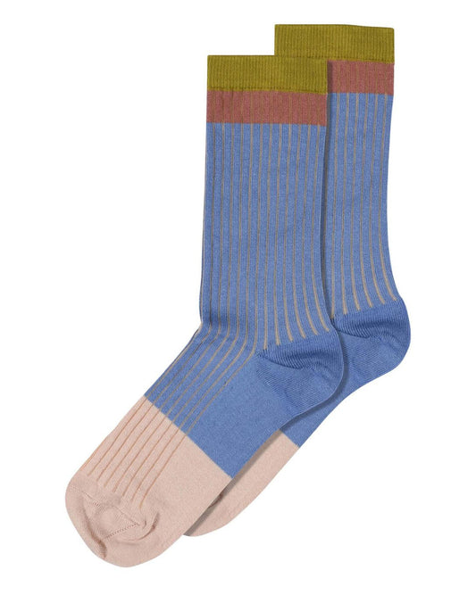 MP Denmark 79704 Paula Socks - Blue ribbed crew length bamboo socks with a olive green and brown stripe cuff and light beige toe.