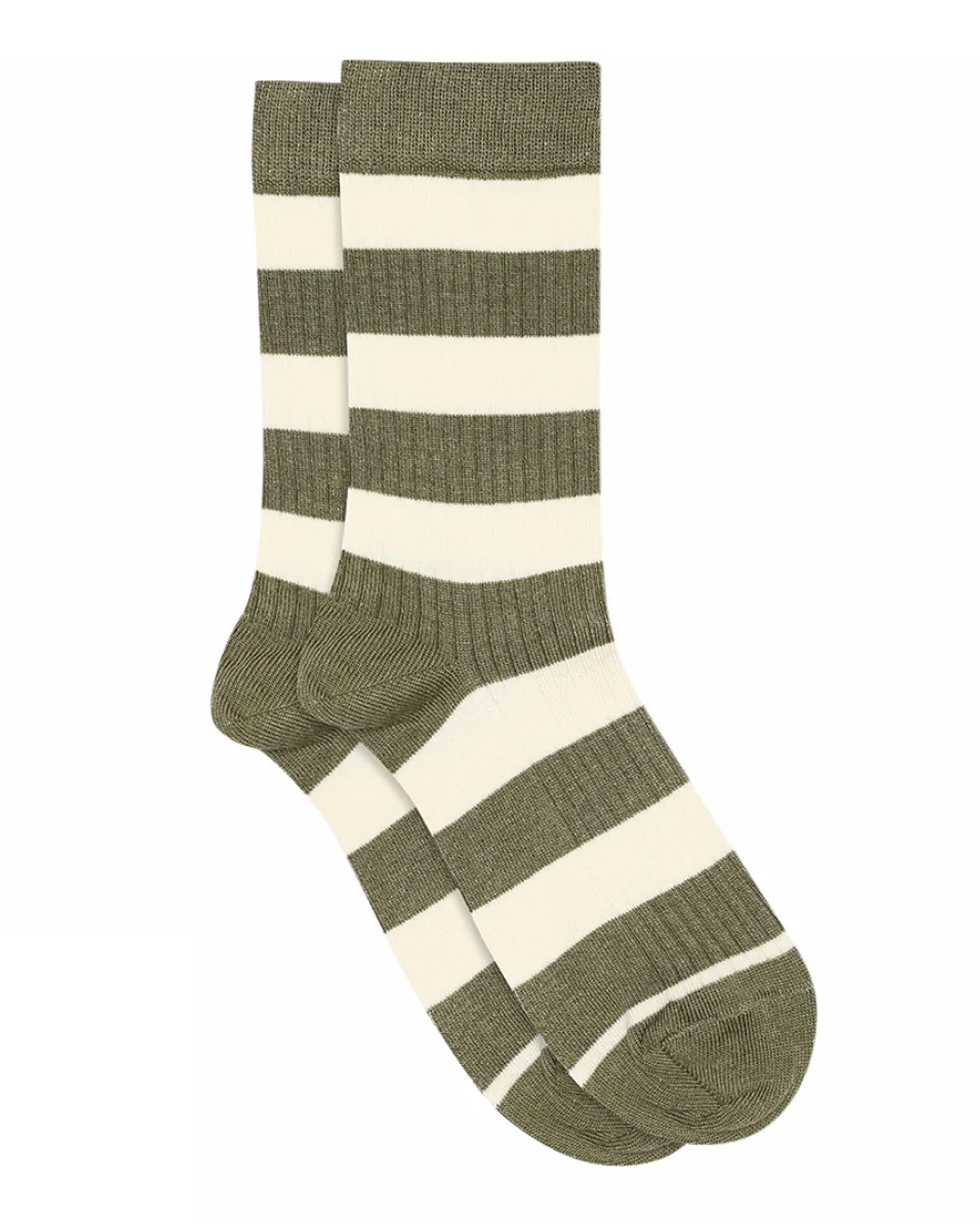 Pair of green and white striped socks on a white background