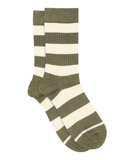 Pair of green and white striped socks on a white background
