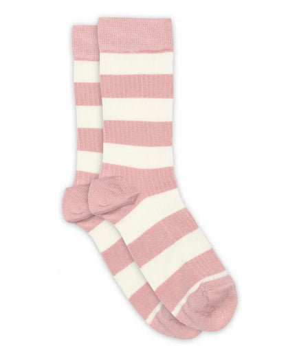 Pair of pink and white striped socks on a white background