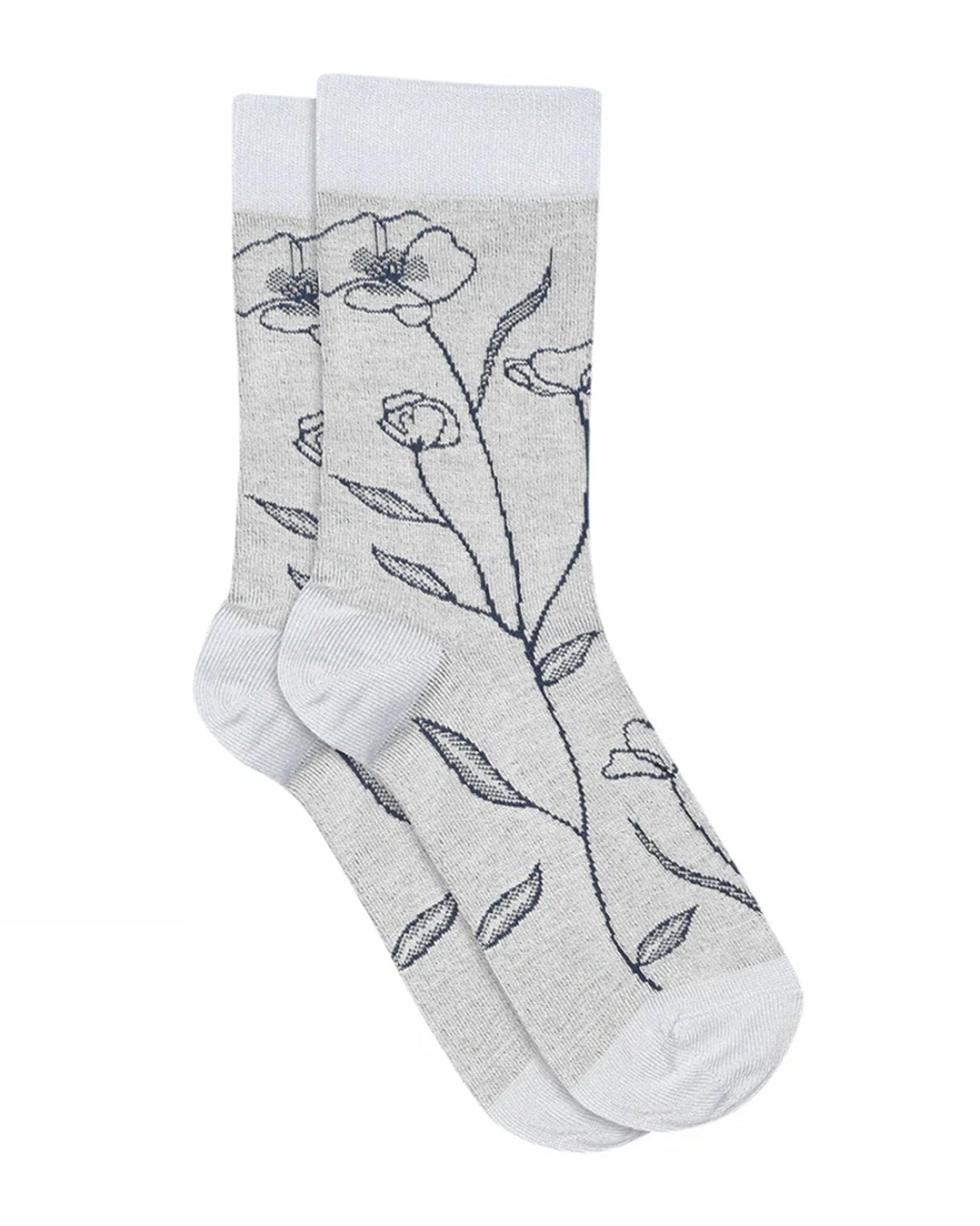MP Denmark Tora Sock - Soft light grey crew length ankle socks with a navy blue floral design.