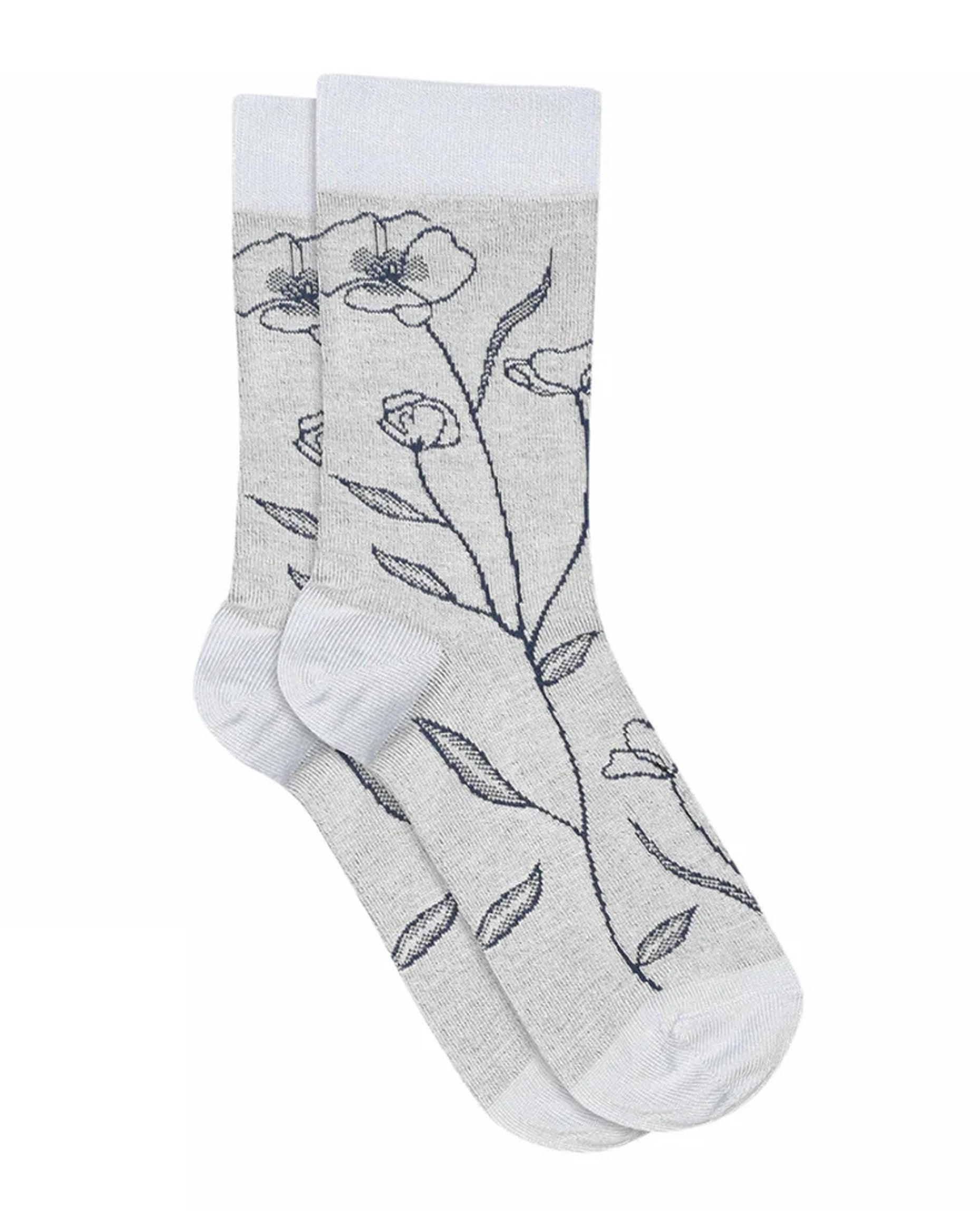 MP Denmark Tora Sock - Soft light grey crew length ankle socks with a navy blue floral design.