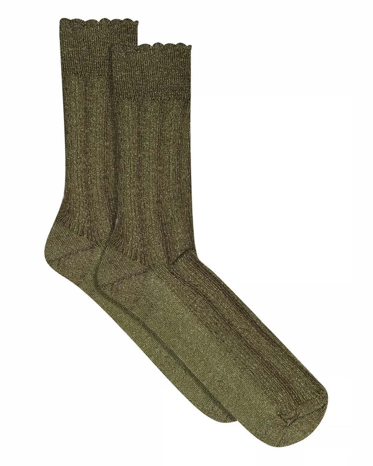 A pair of olive green ribbed knit socks displayed against a plain white background.