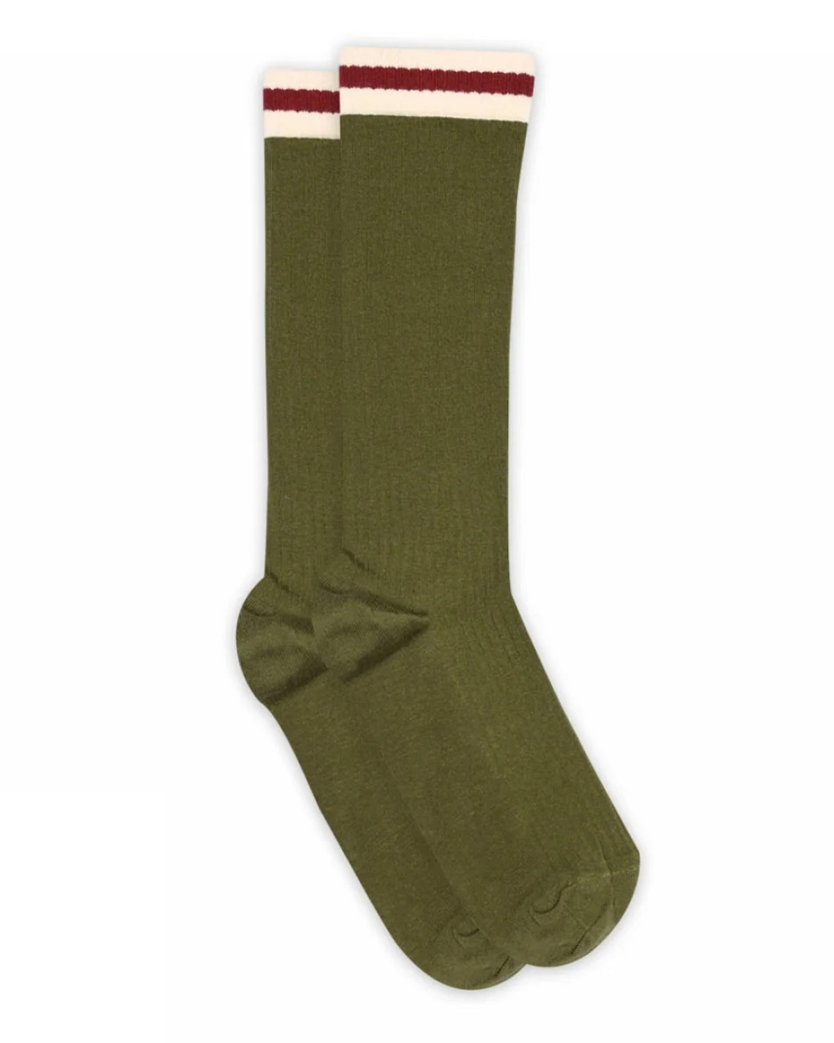 olive ribbed crew length socks with cream and wine sports stripe cuff.