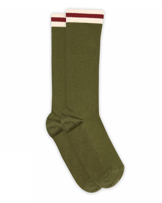 olive ribbed crew length socks with cream and wine sports stripe cuff.