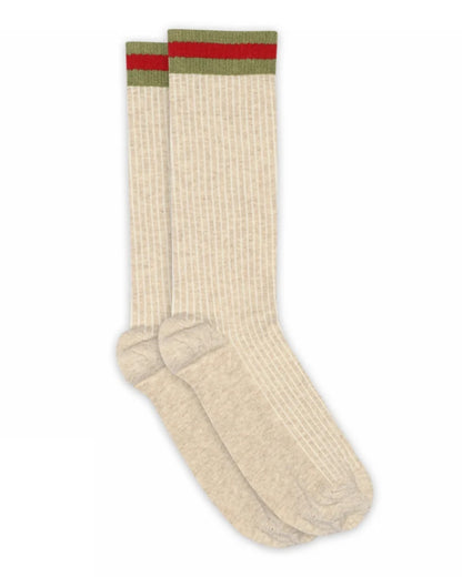 Oat ribbed crew length socks with khaki green and red sports stripe cuff.