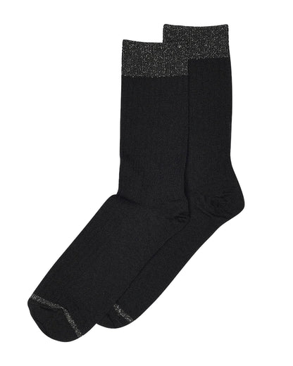 Warm wool mixed ribbed ankle socks in black with a silver sparkly lamé cuff.