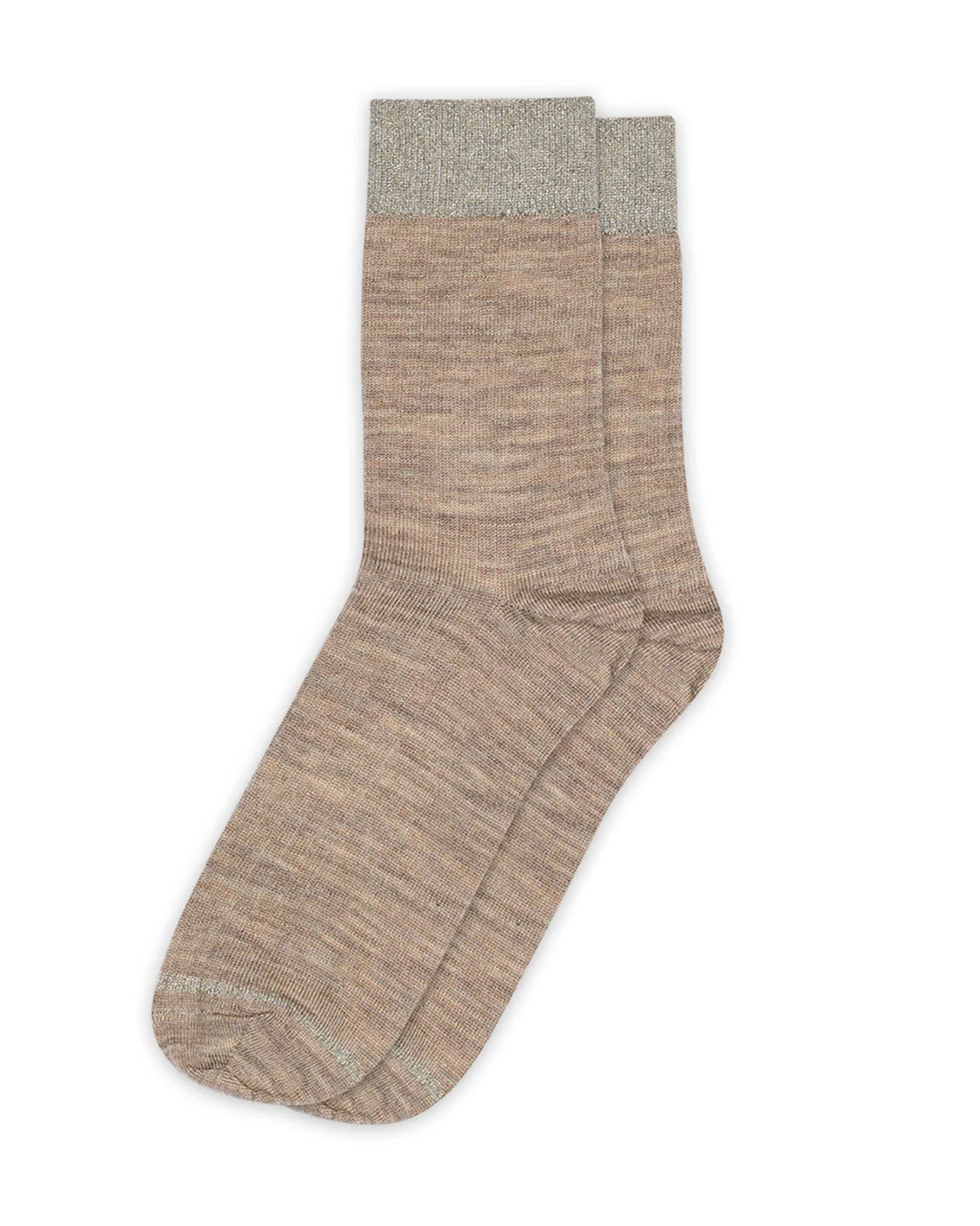 Warm wool mixed ribbed ankle socks in oat beige with a sparkly lamé cuff.