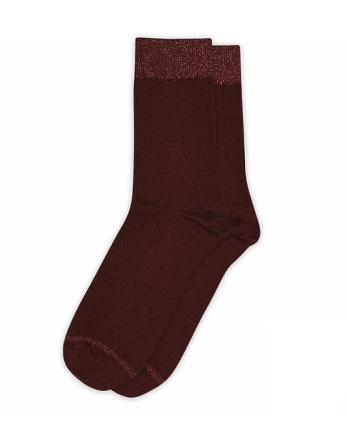 Warm wool mixed ribbed ankle socks in wine/burgundy with a sparkly lamé cuff.