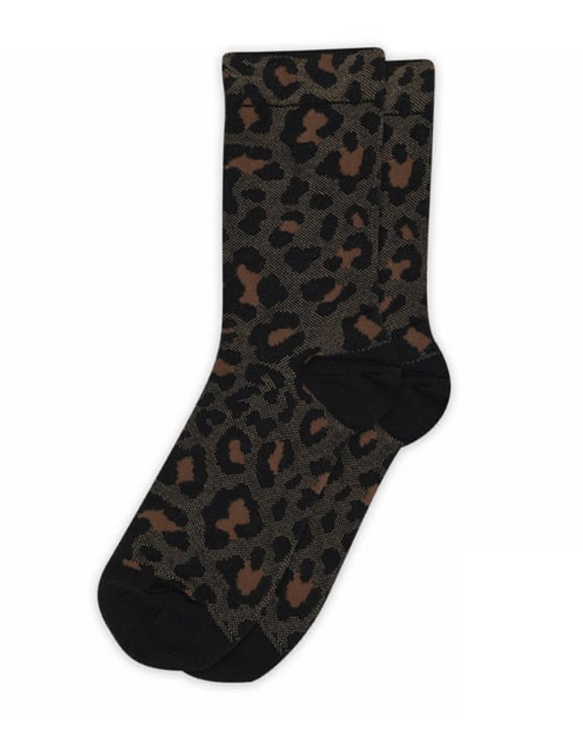 Cotton crew length ankle socks with a leopard print style pattern, shaped black heel and black toe.