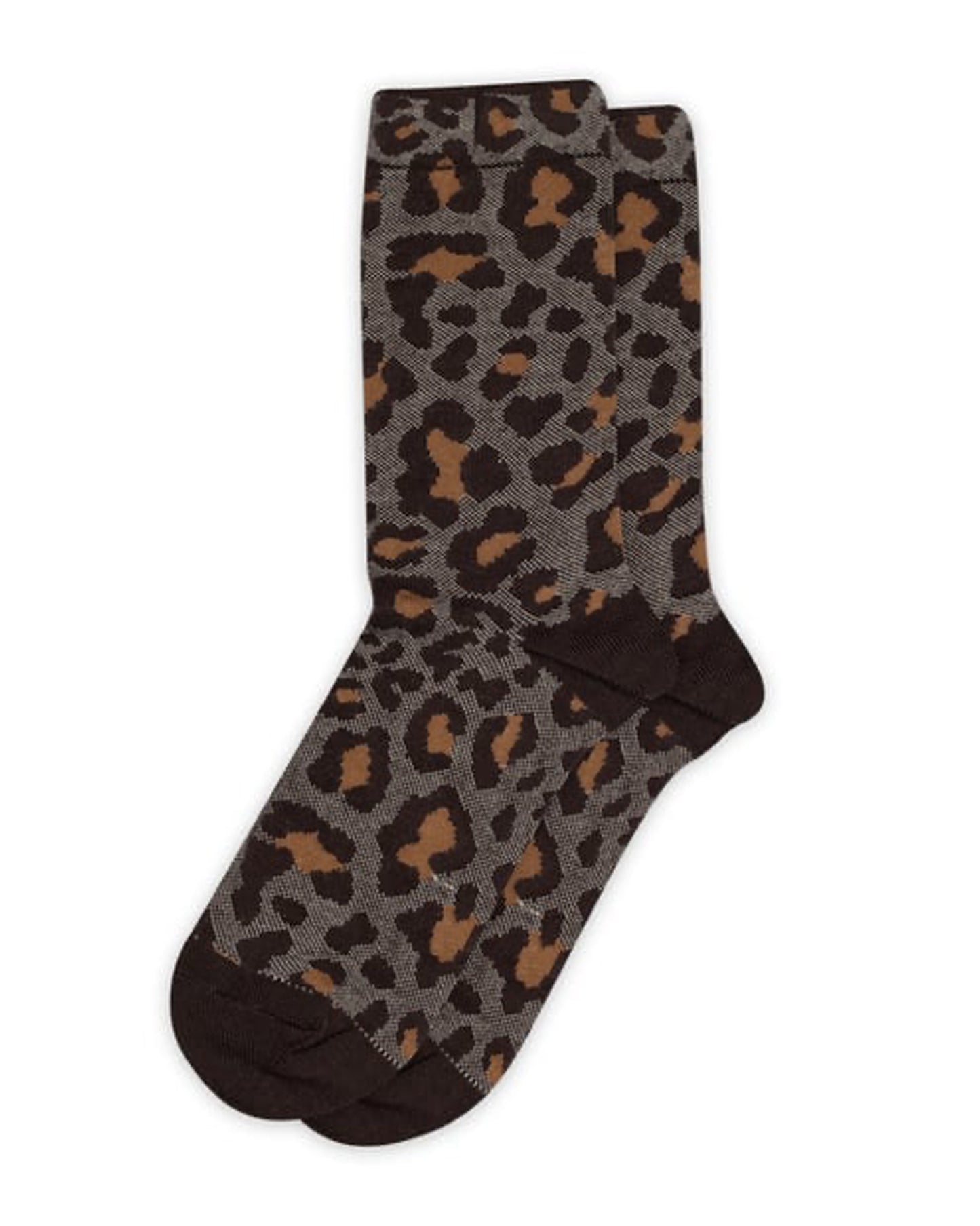 Cotton crew length ankle socks with a leopard print style pattern, shaped black heel and black toe.