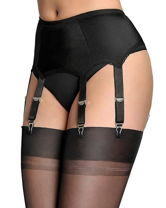 Black classic high waisted lycra suspender belt with thick straps and metal clasps.