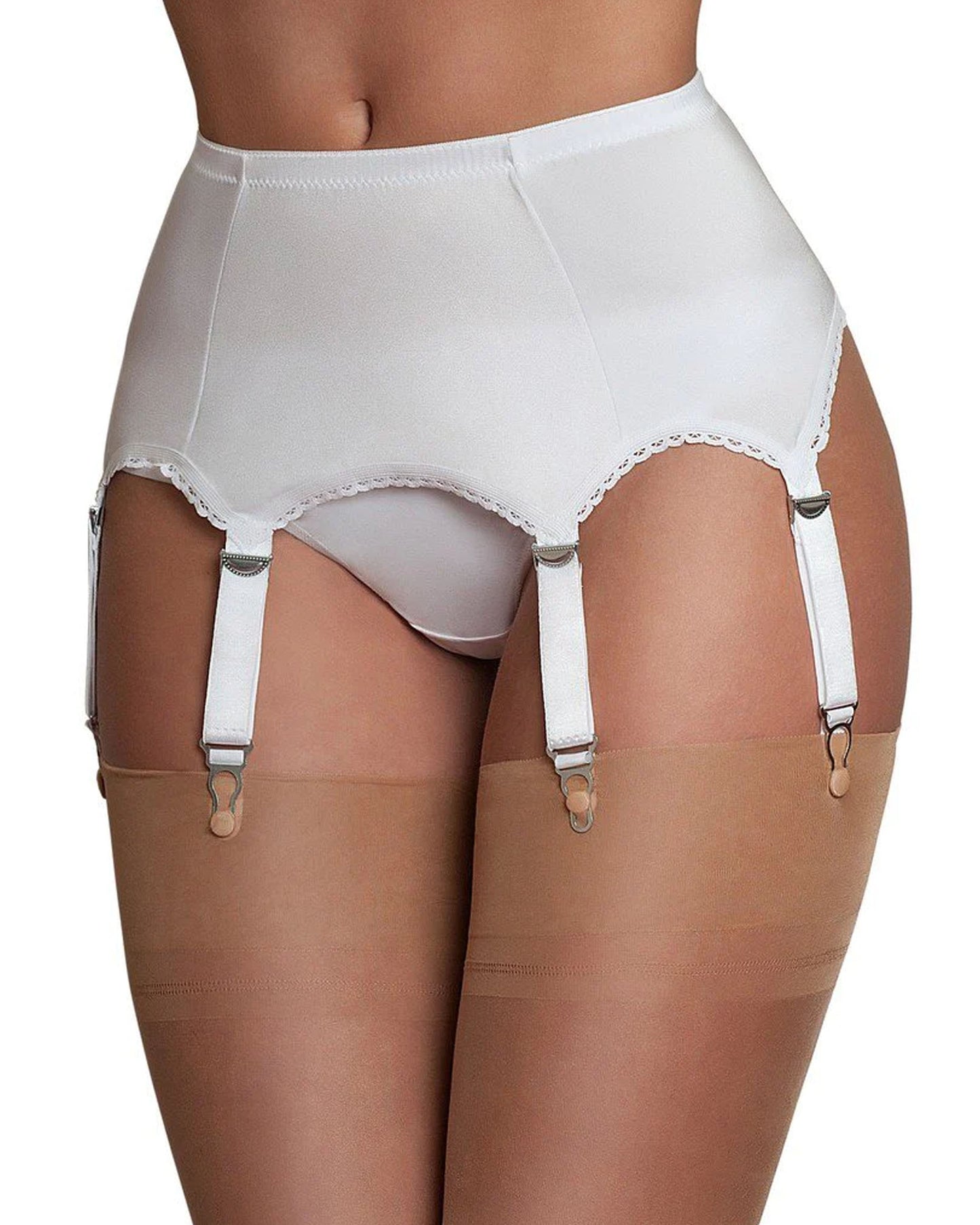 White classic high waisted lycra suspender belt with thick straps and metal clasps.