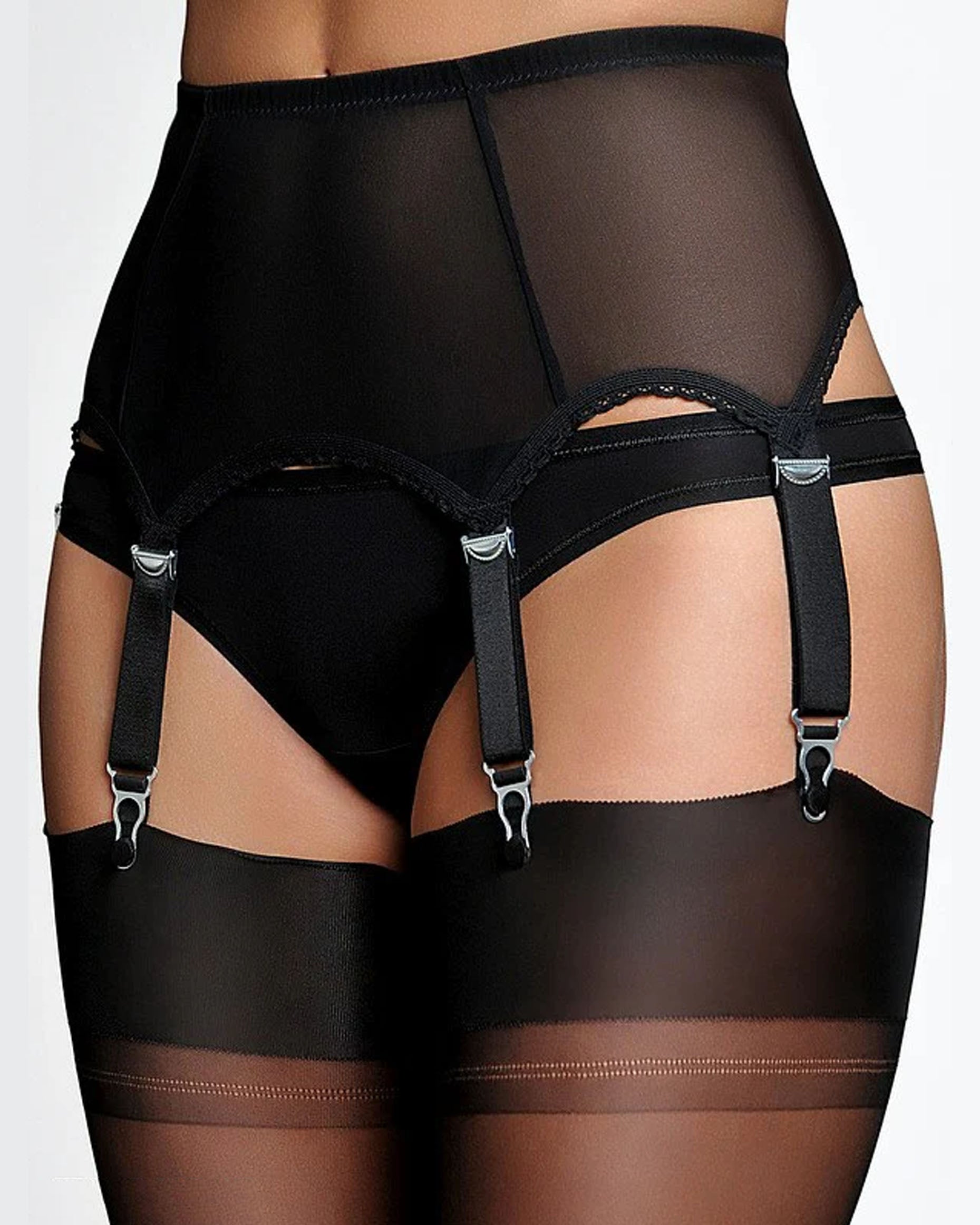 Classic black high waisted micro tulle suspender belt with thick straps and metal clasps, worn with sheer black stockings..