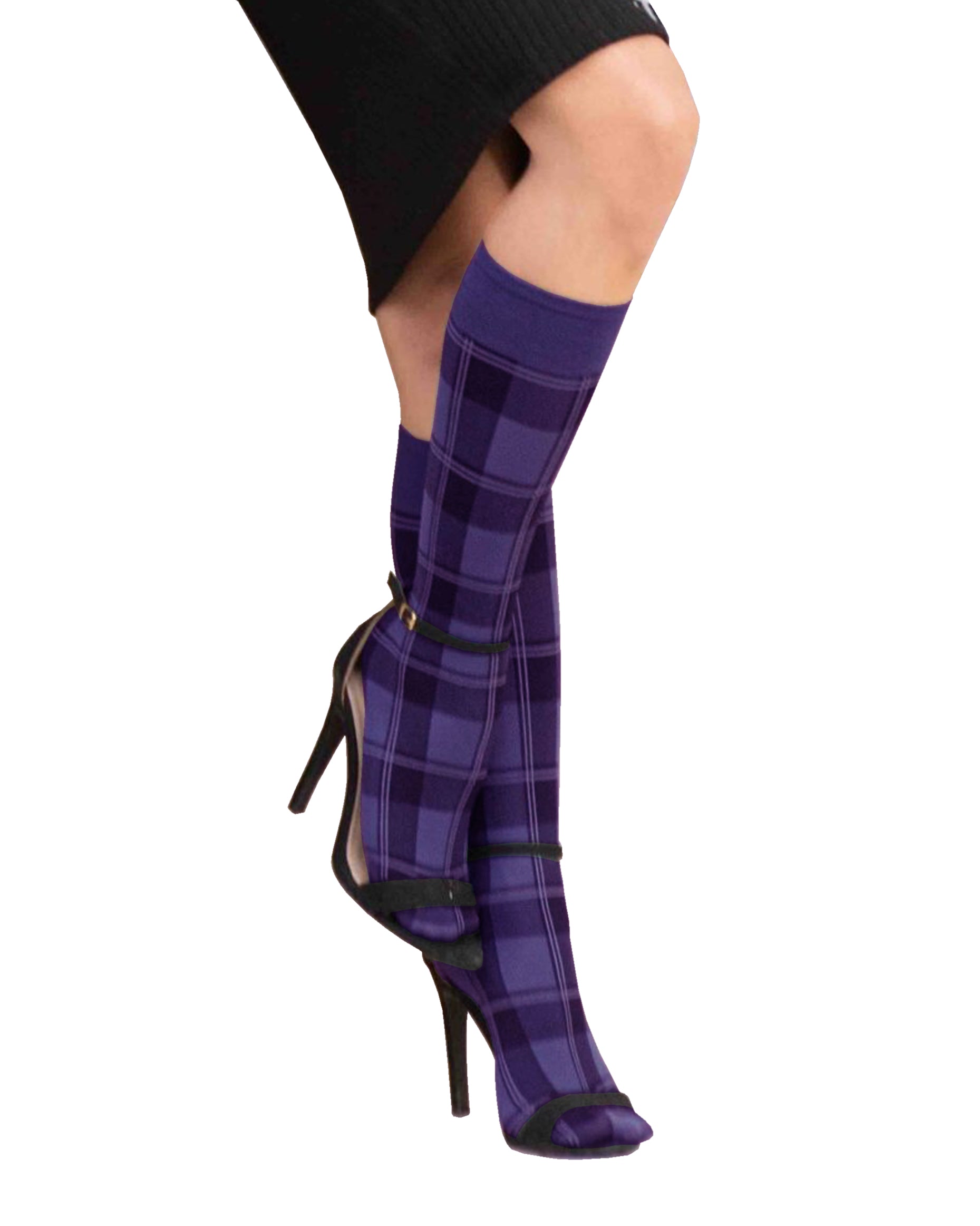 Omero Tartan 50 Gambaletto - Purple opaque fashion knee-high socks with a black woven tartan style pattern and deep comfort cuff.