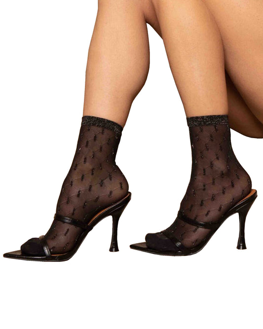 Omero Brilliant Calzino - Sheer black fashion ankle socks with a honeycomb style pattern with silver lurex dotted lines and lurex cuff.