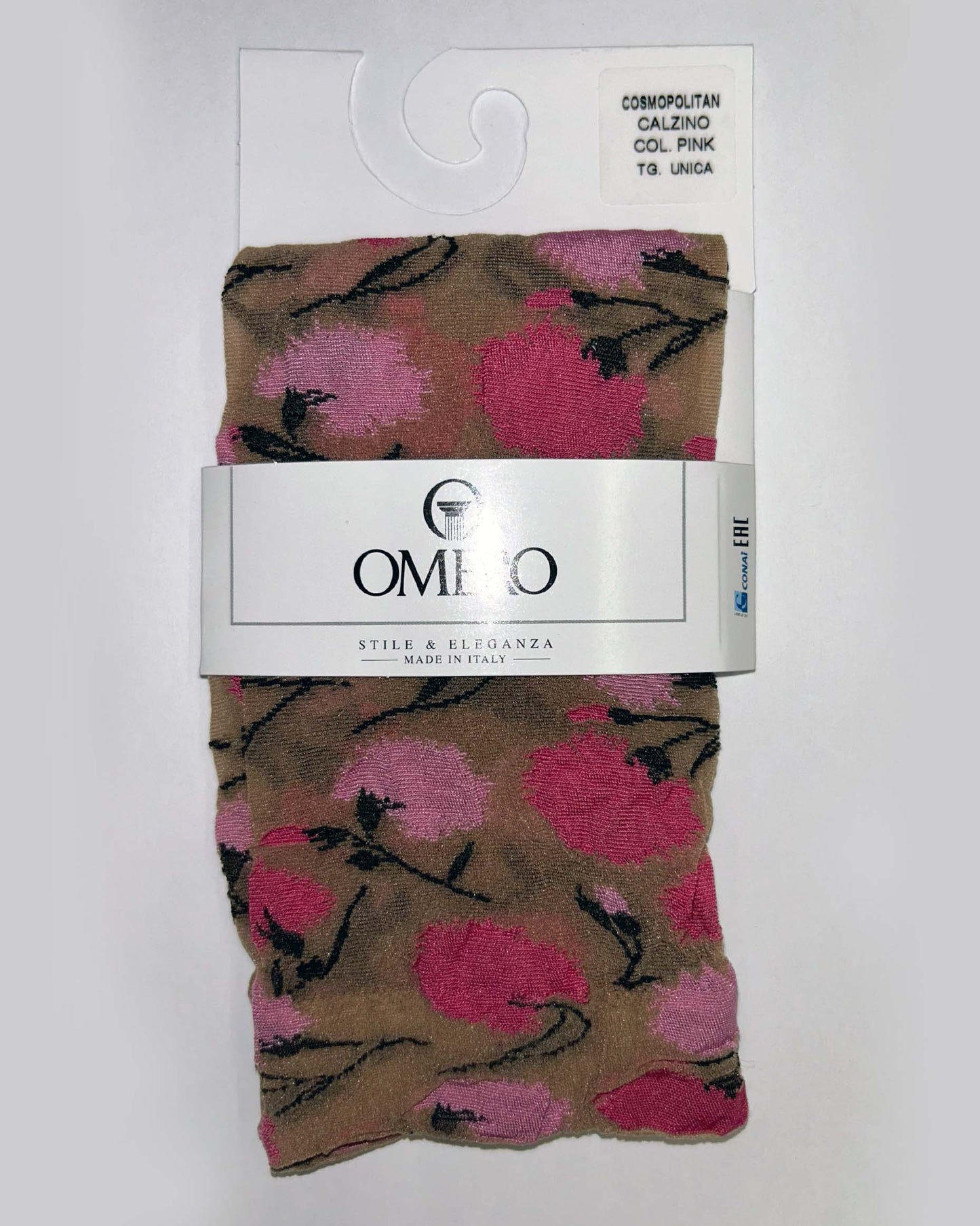 Omero Cosmopolitan Calzino - Sheer nude fashion ankle sock with a woven flower pattern in shades of pink and black and invisible elasticated comfort cuff.