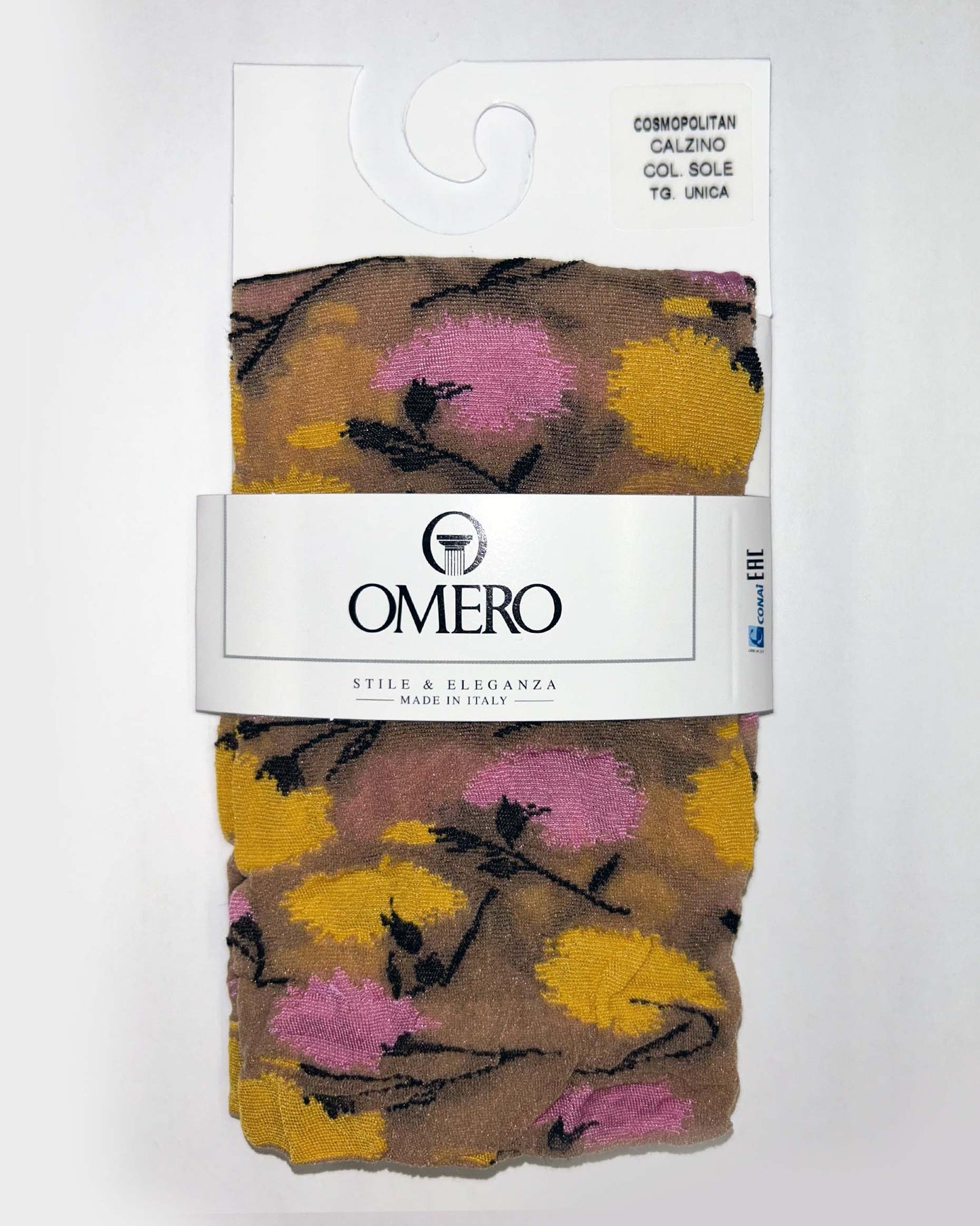 Omero Cosmopolitan Calzino - Sheer nude fashion ankle sock with a woven flower pattern in yellow and pink and invisible elasticated comfort cuff.
