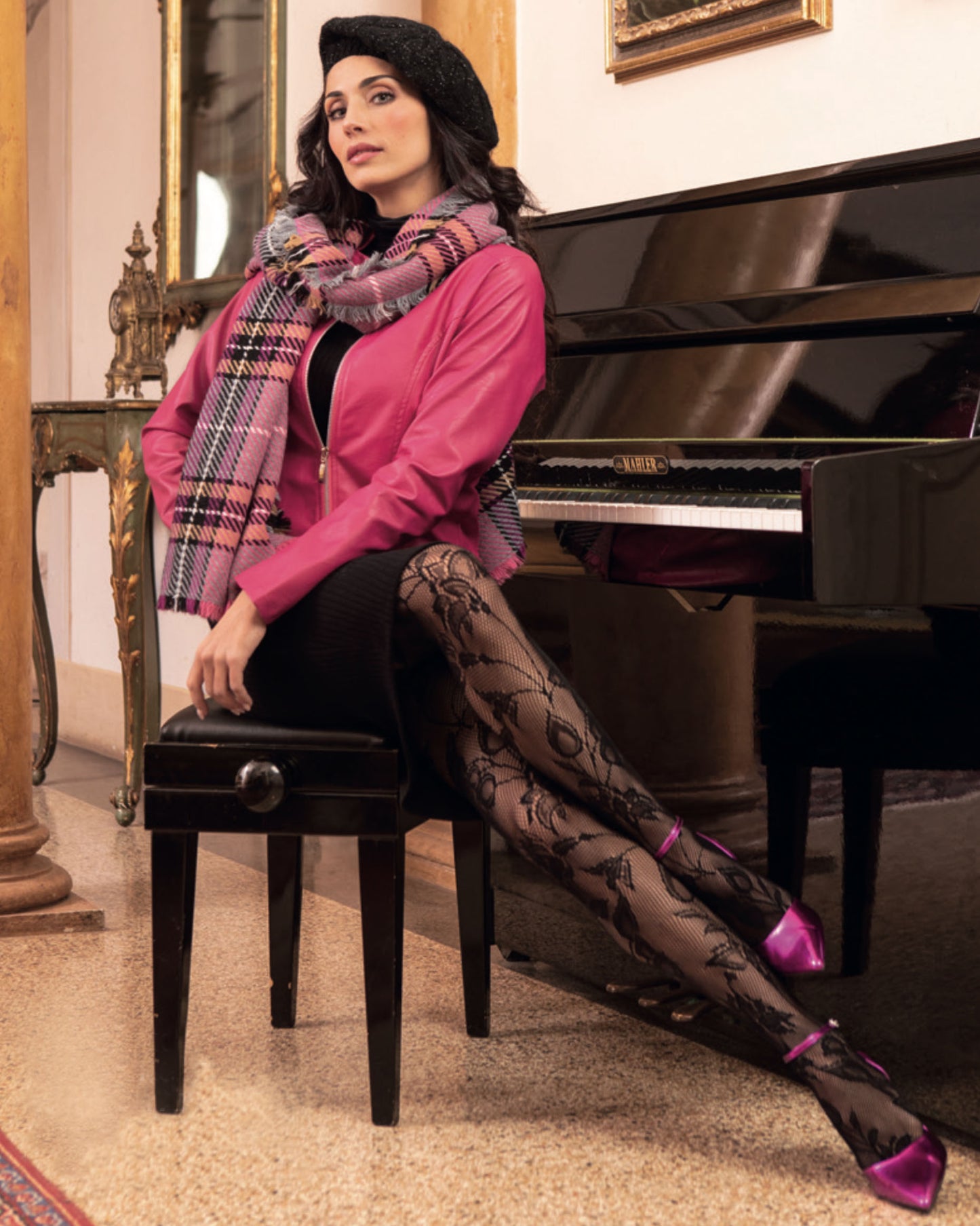 Omero Waterlily Collant - Black openwork fashion tights with a floral leaf lace style pattern, worn with pink shoes and jacket and tartan scarf.