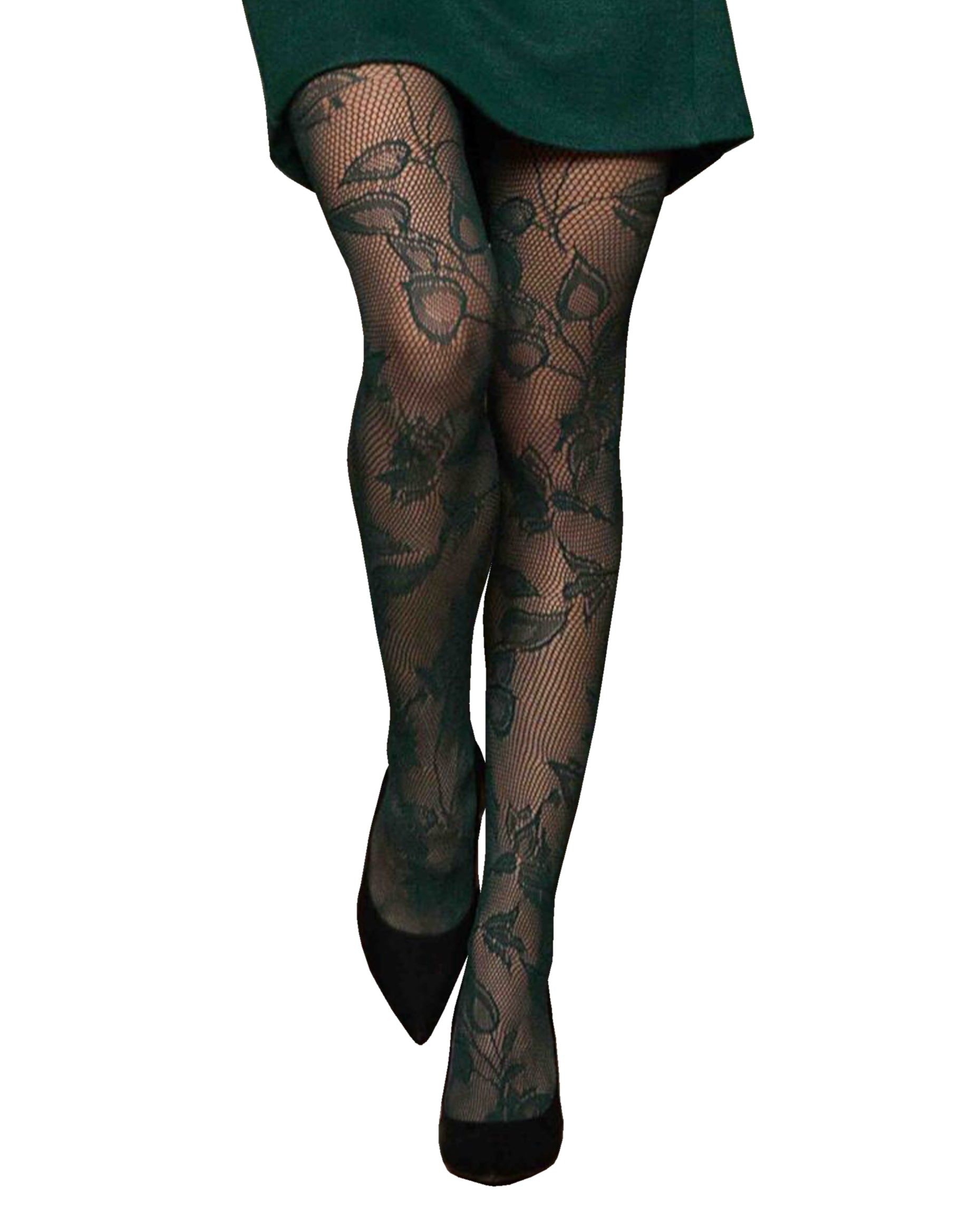 Omero Waterlily Collant - Green openwork fashion tights with a floral leaf lace style pattern.