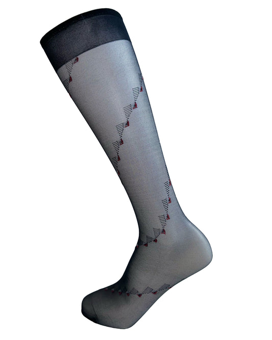 Omsa Basic Gambaletto - Sheer black fashion knee-high socks with a woven diagonal geometric pattern made up of squares and triangles in red and white and a plain comfort cuff.