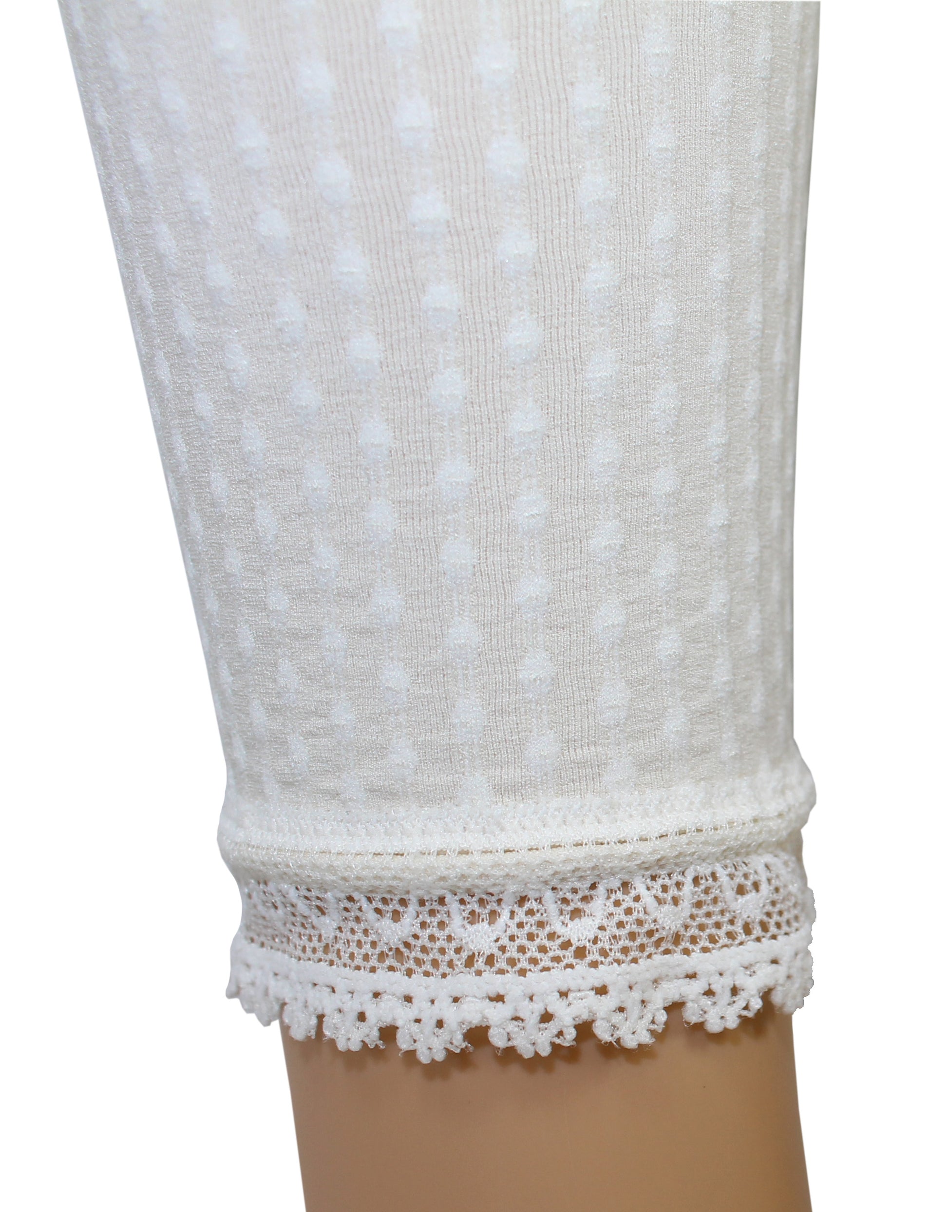 Omsa Caramel Pantacollant - Soft opaque ivory footless tights with a textured floral pinstripe pattern and lace trim cuff.