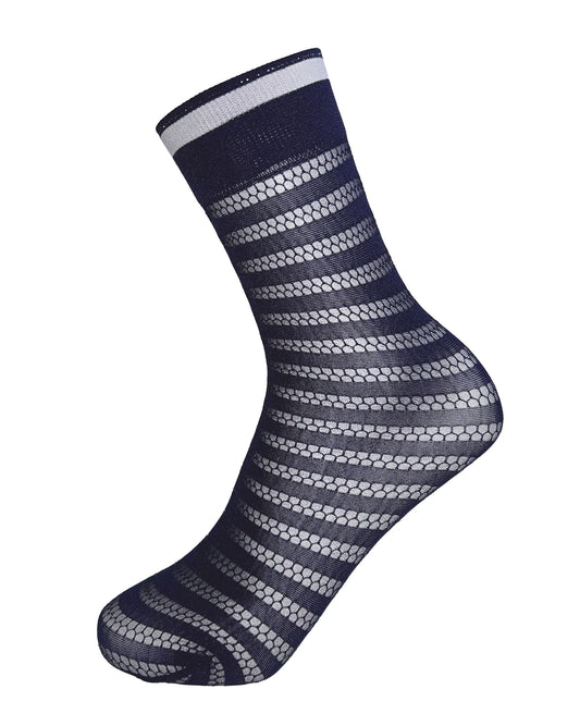 Omsa Collection Calzino - Navy fashion ankle socks with a horizontal opaque and honeycomb pattern stripe, deep elasticated comfort cuff with a light grey stripe and thin stripe of silver lurex.
