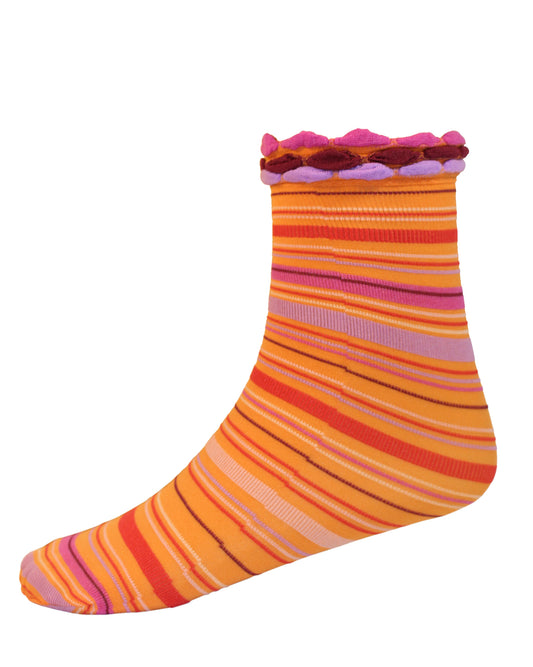 Omsa Crayons Calzino - Orange opaque fashion socks with colourful horizontal stripes in shades of red, pink and purple and ruched style cuff.