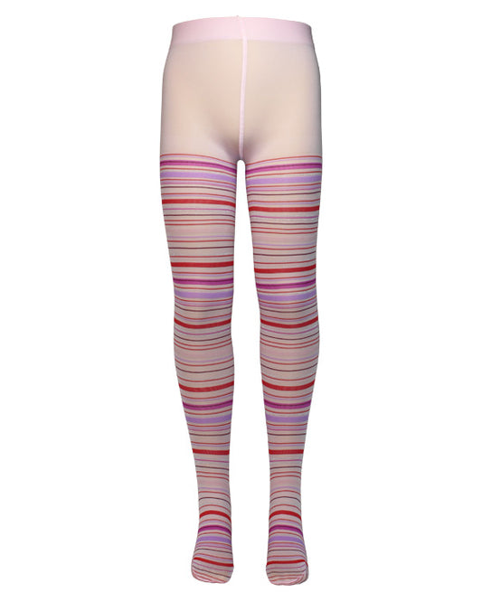 Omsa Crayons Kid's Tights - Light pink soft opaque children's fashion tights with a horizontal striped pattern in red, lilac, pink, dark purple and silver.