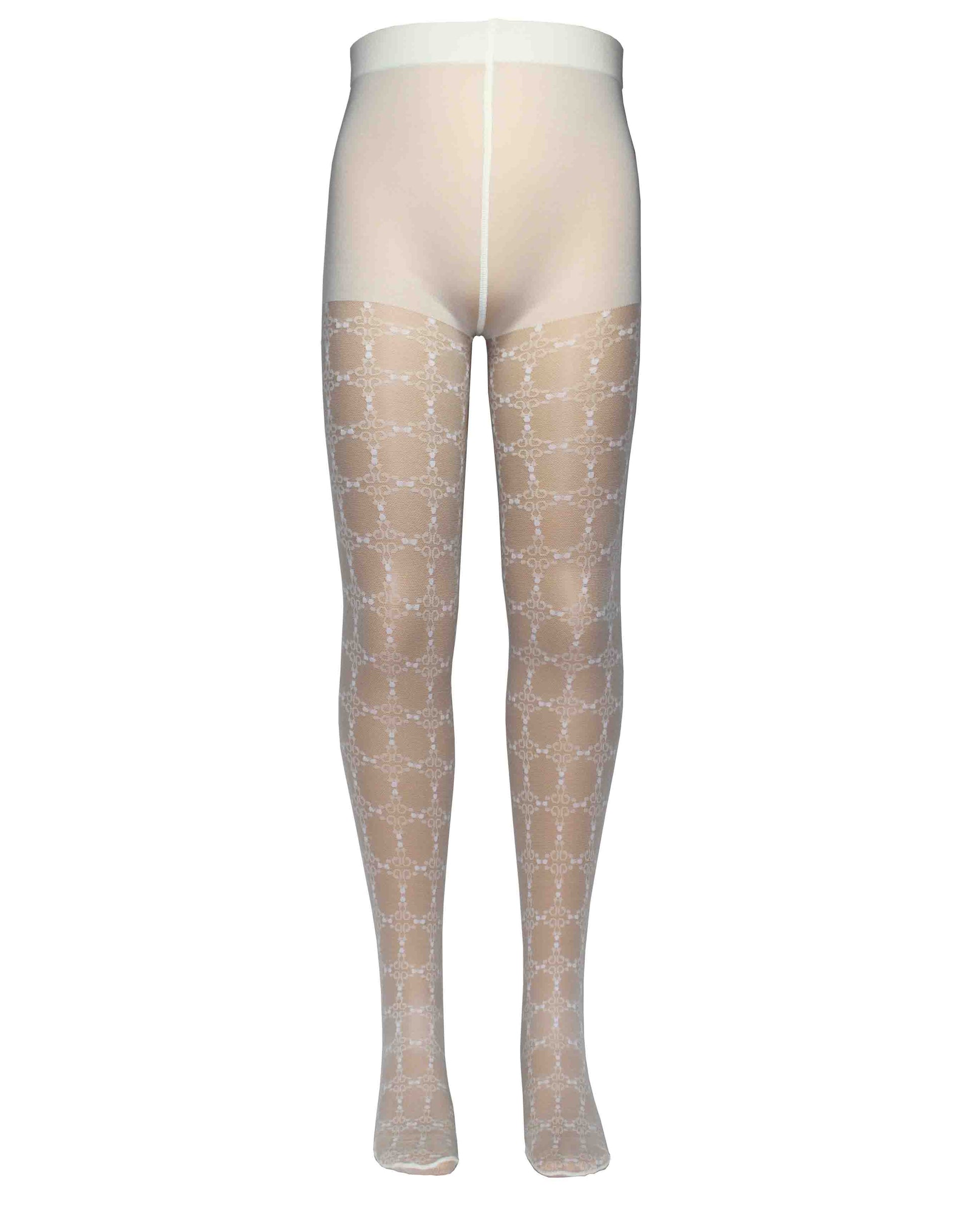 Omsa Serenella Decor Collant - Ivory / cream semi sheer micro mesh children's fashion tights with a woven lace style grid pattern with white dots.