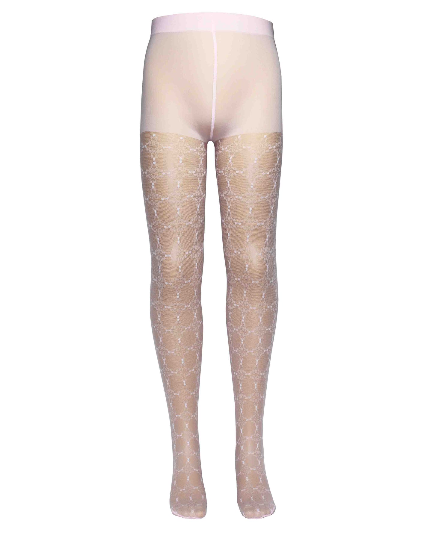 Omsa Serenella Decor Collant - Baby pink / rosa semi sheer micro mesh children's fashion tights with a woven lace style grid pattern with white dots.