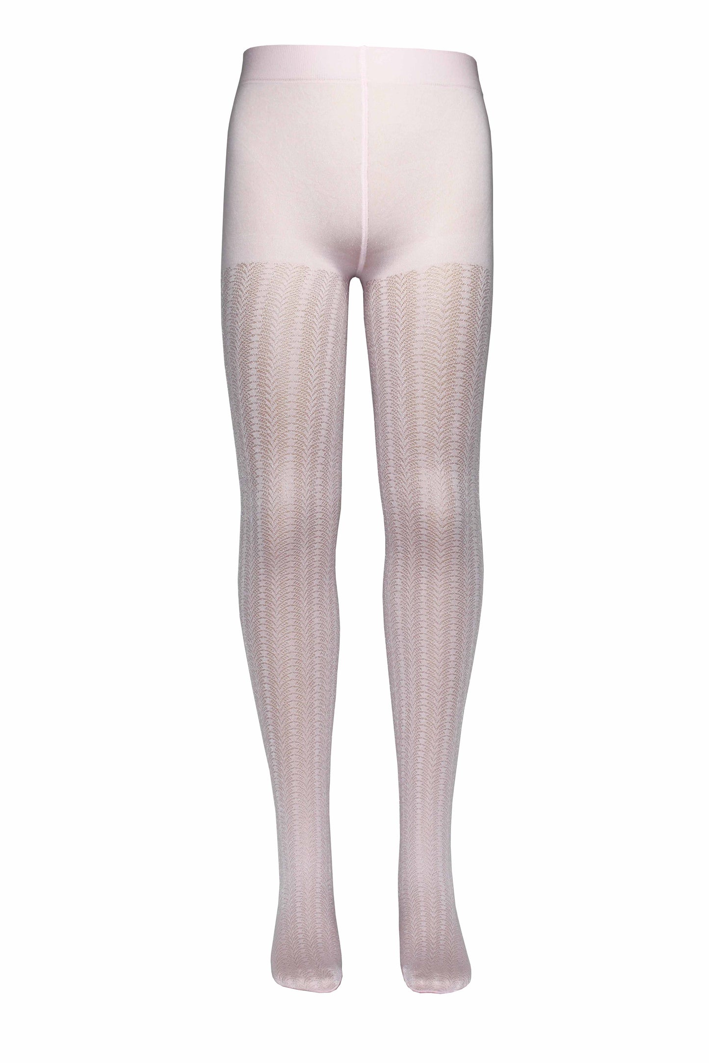 Omsa Serenella Delice Kid's Tights - Light pink / rosa semi opaque children's fashion tights with a woven circular linear lace style pattern.