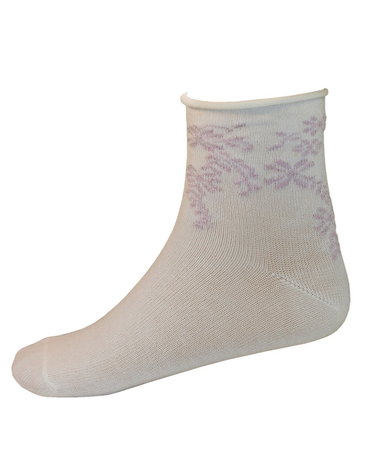 Omsa Dessert Calzino - White children's cotton no cuff ankle socks with a sparkly lilac coloured woven floral leaf style pattern around the cuff.