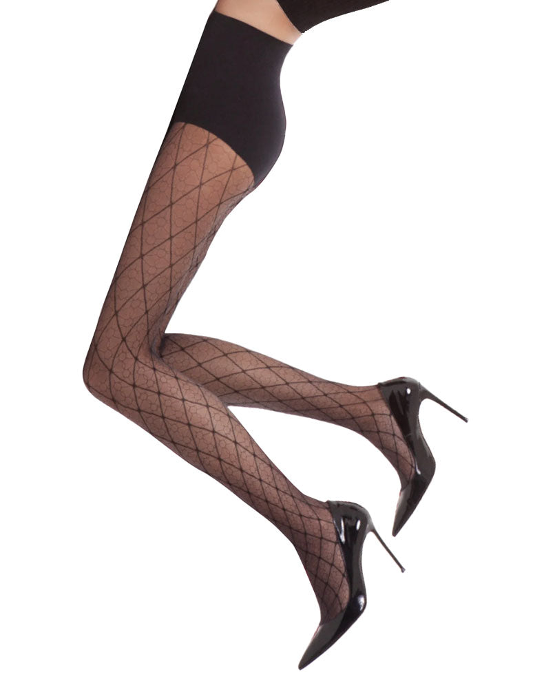 Omsa Rombi Collant - Sheer black seamless fashion tights with a black diamond style pattern, an alternative to the iconic Gucci pattern.