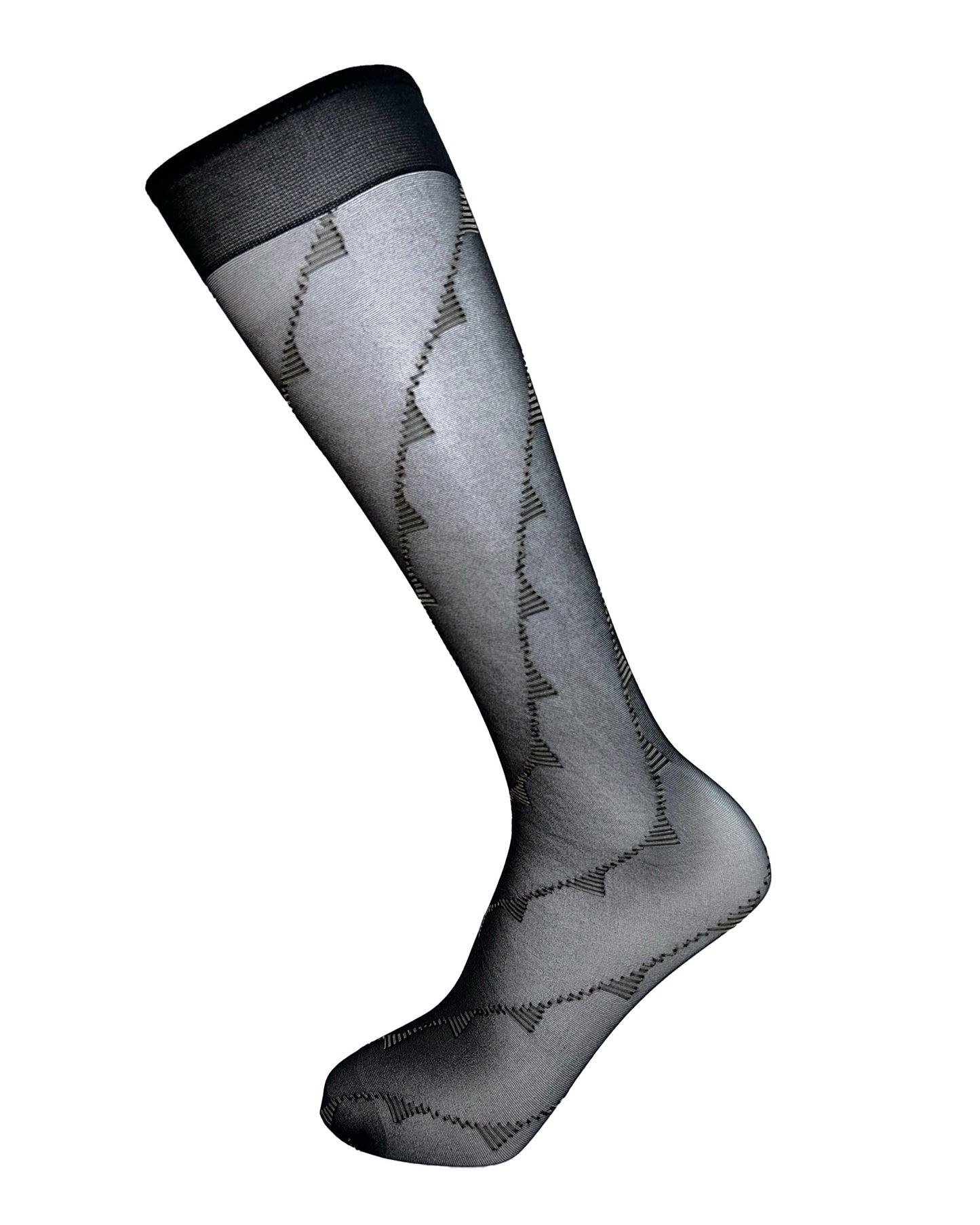 Omsa 3316 Frame Gambaletto - Sheer black fashion knee-high socks with a diagonal linear pattern swirling around the leg.