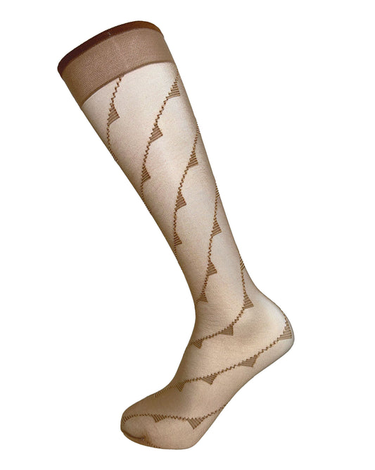 Omsa 3316 Frame Gambaletto - Sheer tan fashion knee-high socks with a diagonal linear pattern swirling around the leg.