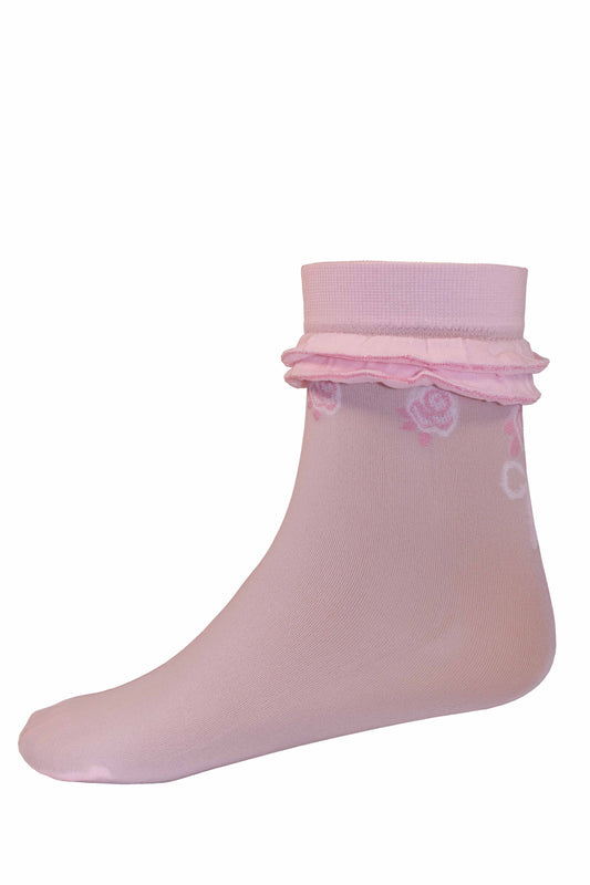Omsa Lulu Calzino - Light pink opaque children's fashion ankle socks with a double frill cuff, rose pattern under the cuff and a back seam with a bow detail in pink and off white.