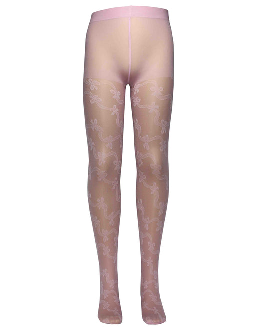 Omsa Serenella Gala Collant - Light pale pink semi opaque micro mesh children's fashion tights with a woven ribbon and bow style pattern wrapping diagonally around the leg.