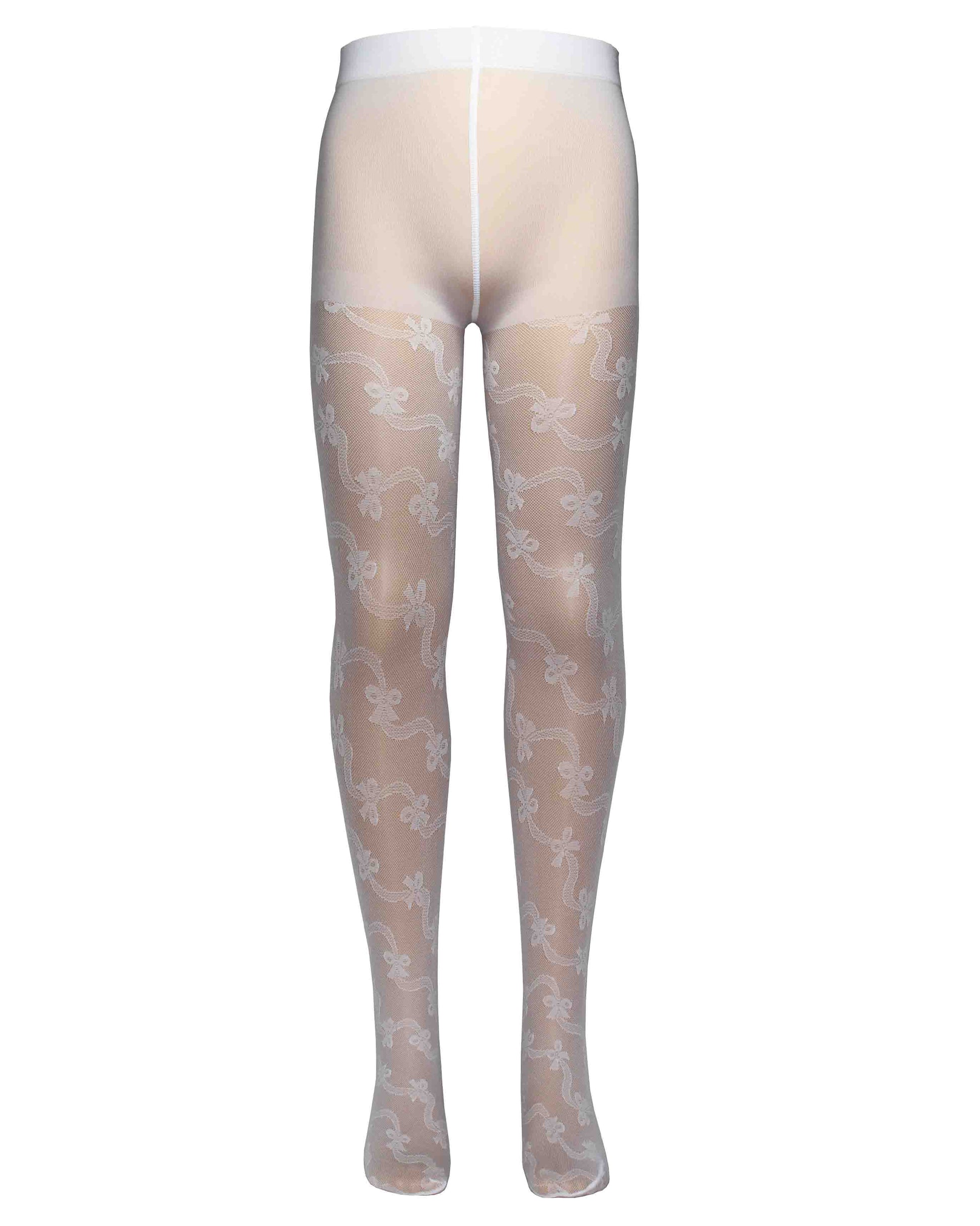 Omsa Serenella Gala Collant - White semi opaque kid's fashion tights with a woven ribbon and bow style pattern, perfect for communions and weddings