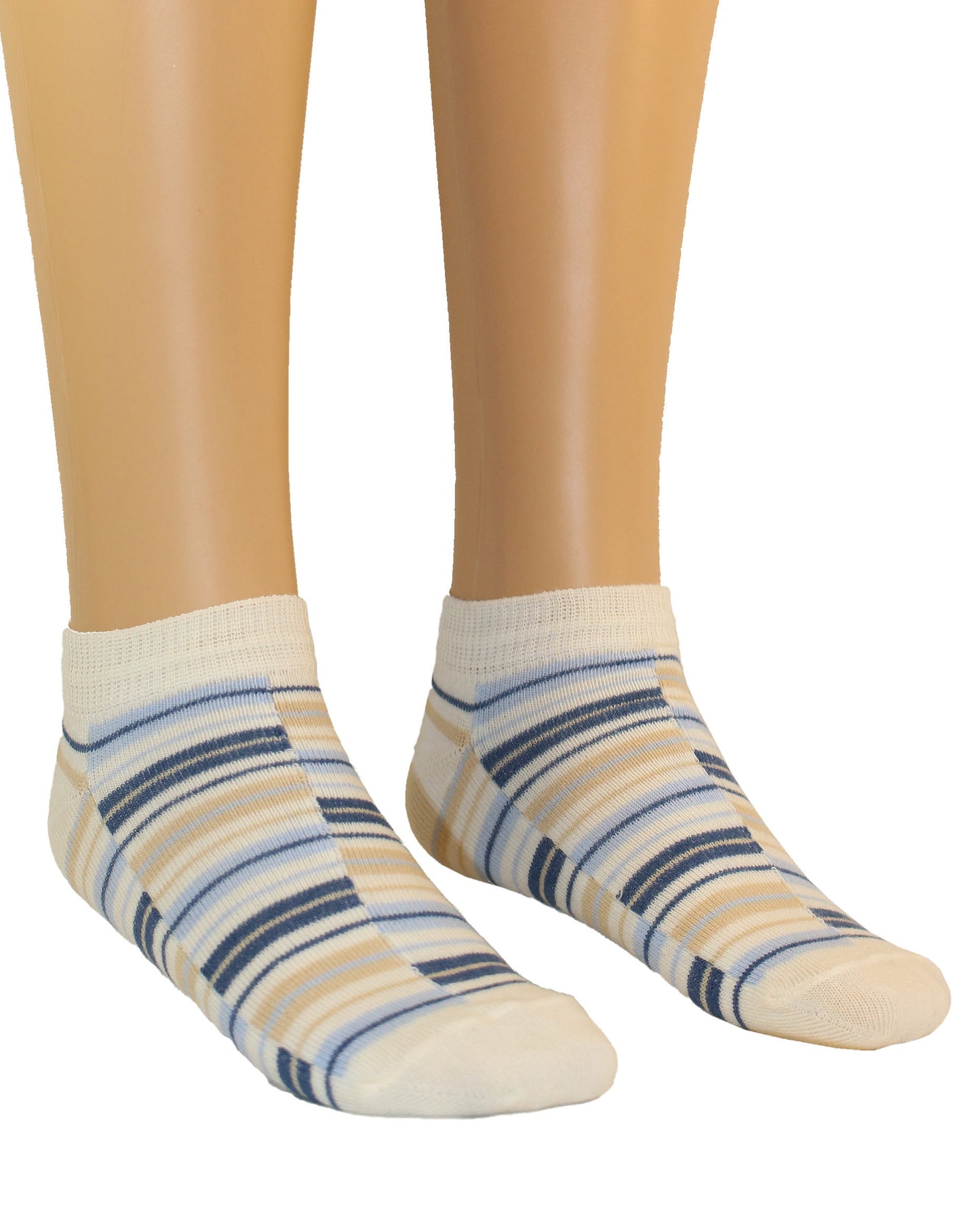 Omsa Serenella Harry Calzino - Kid's low ankle cotton sneaker ankle socks with a linear stripe pattern in cream, light blue, navy and beige.